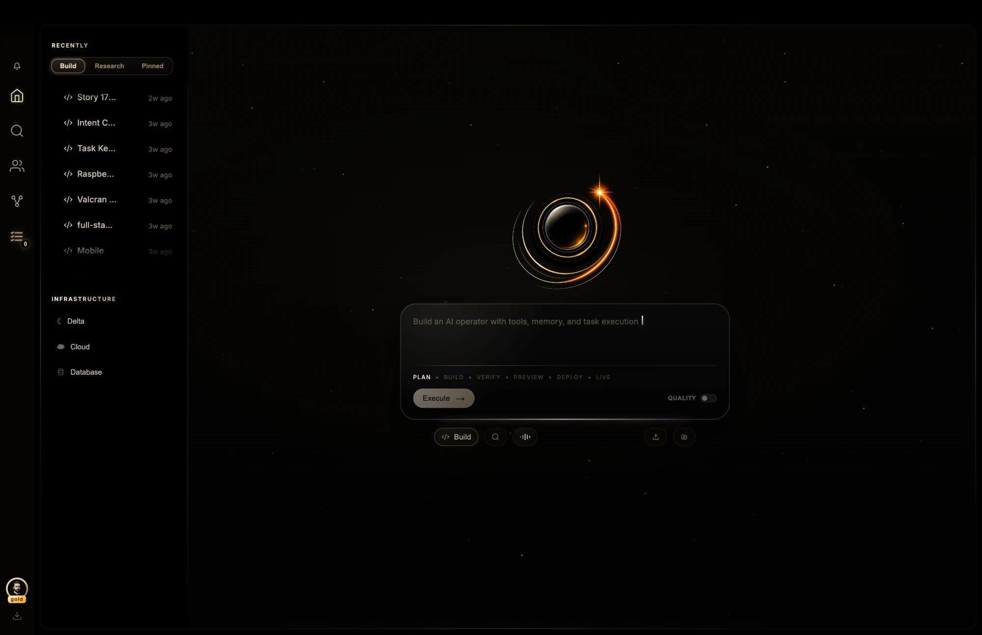 VALCRAN OS home: describe what to build and it plans, builds, verifies, and deploys