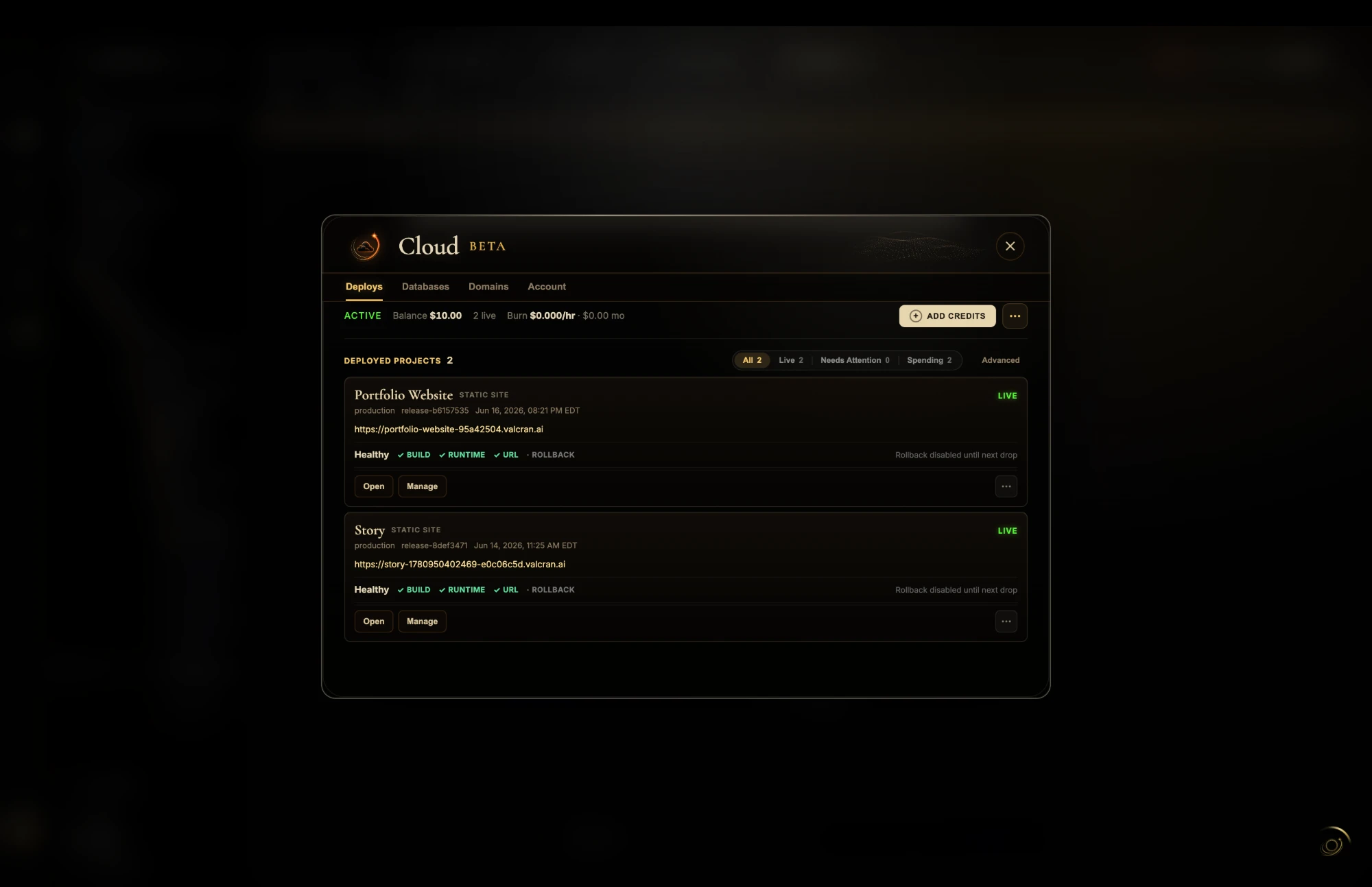 VALCRAN OS Cloud panel showing live deployments, health, and spend