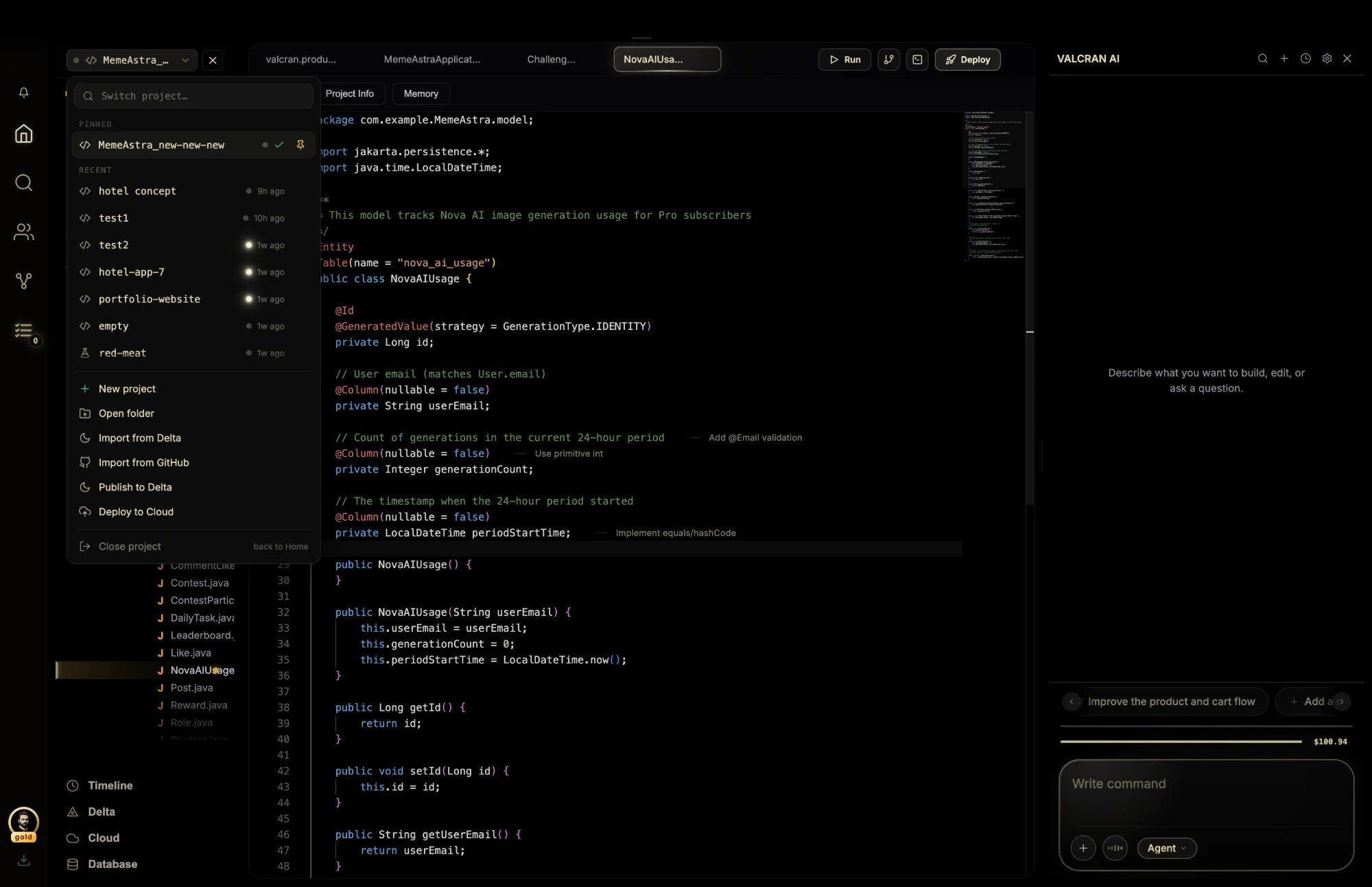 VALCRAN OS editor with an AI operator panel running alongside the code