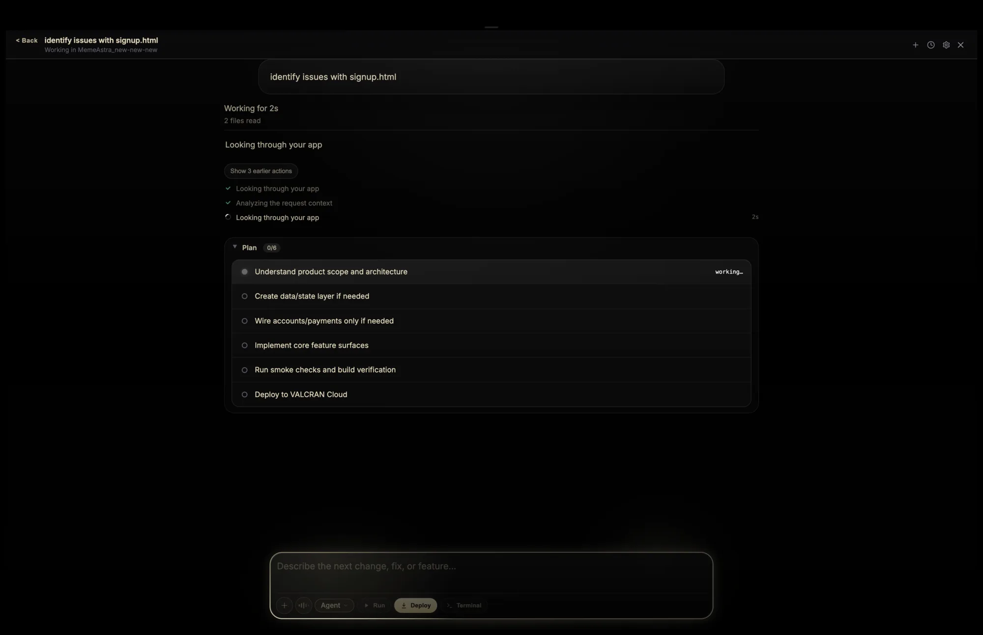VALCRAN OS agent building a step-by-step plan and working through it autonomously