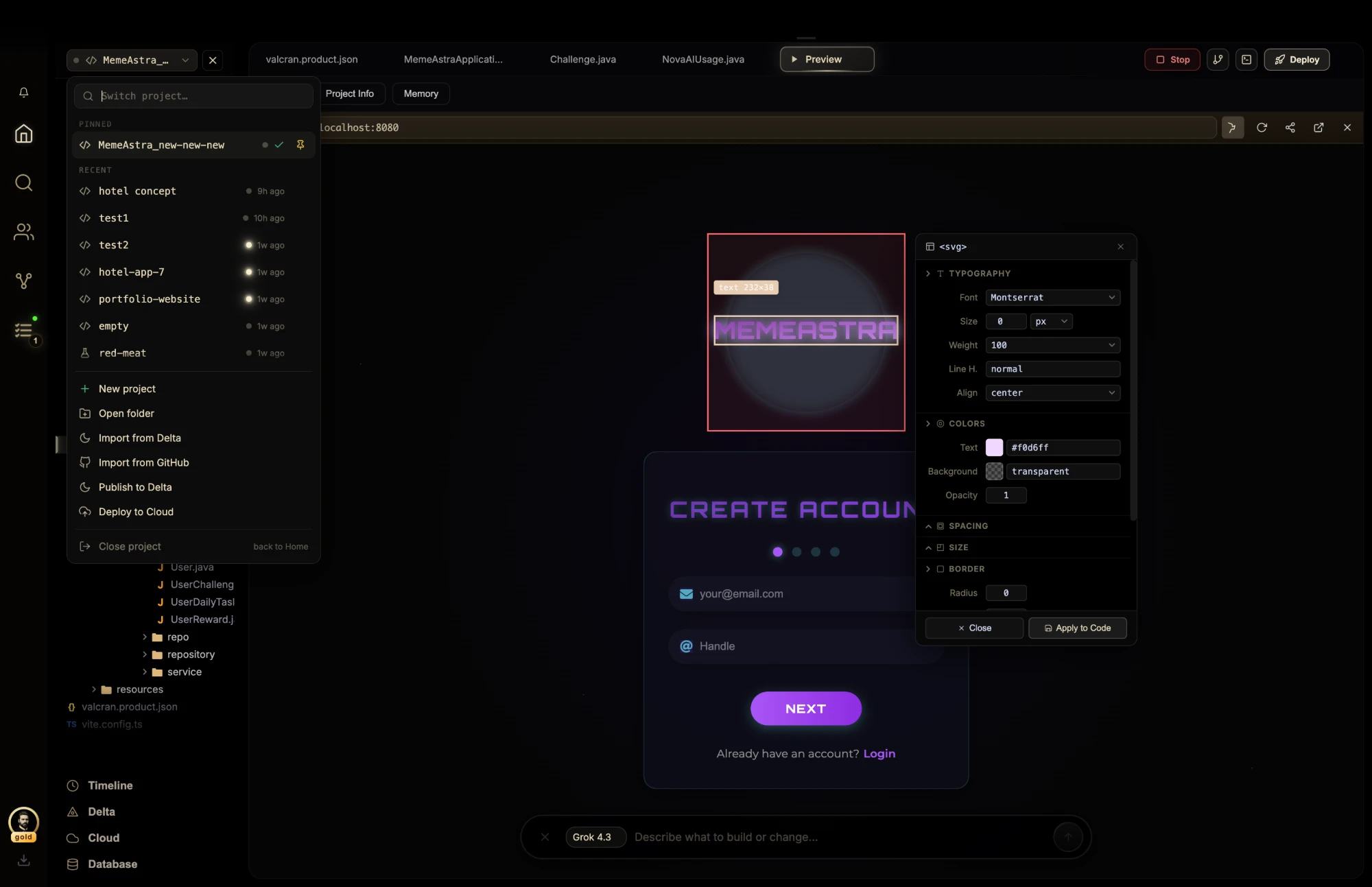 VALCRAN OS live preview with a visual design inspector for type, color, and layout