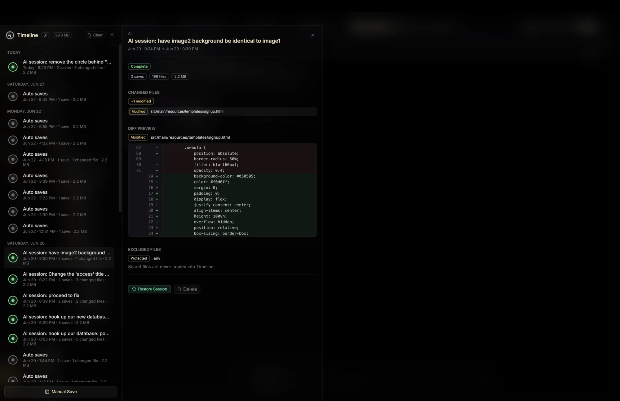 VALCRAN OS Timeline showing AI session history, diffs, and one-click restore