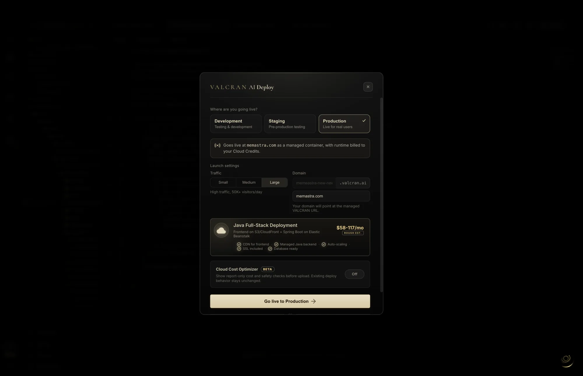 VALCRAN AI Deploy: choose environment, domain, and traffic, with a cost estimate before going live